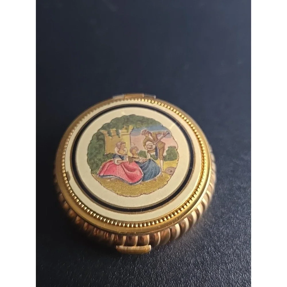 Vtg Evans Compact Gold Tone Victorian Couple‎ Makeup Mirror Pill Box Trinket Box